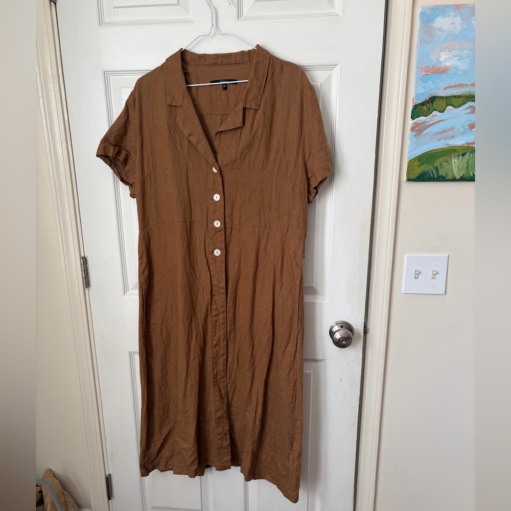 Quince Brown Button-Front Short Sleeve Midi Dress- no belt